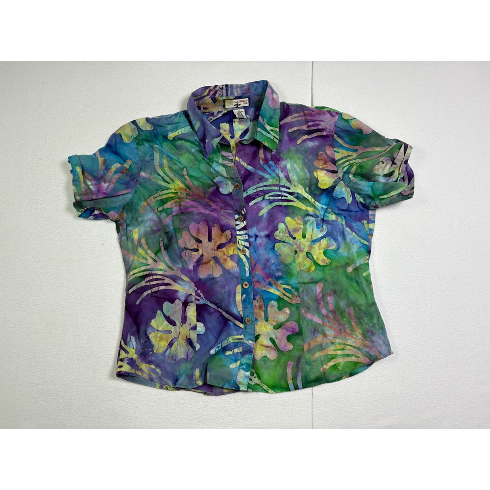 Caribbean Joe Womens XL Short Sleeve Batik Floral Button Up Shirt Purple Green